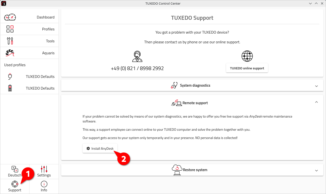 You can install the AnyDesk remote maintenance tool with just a few clicks via the TUXEDO Control Center.