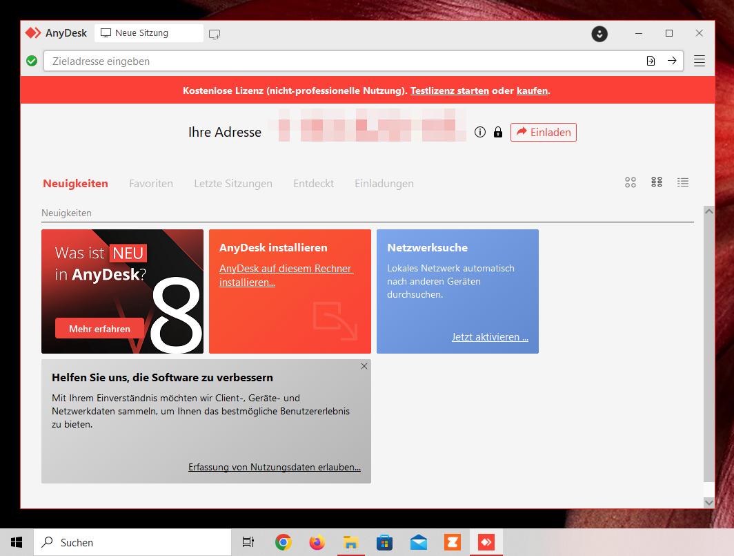 AnyDesk unter Windows 10: Die angebotene AnyDesk.exe dient als Setup und gleichzeitig als portable Version des Programms.