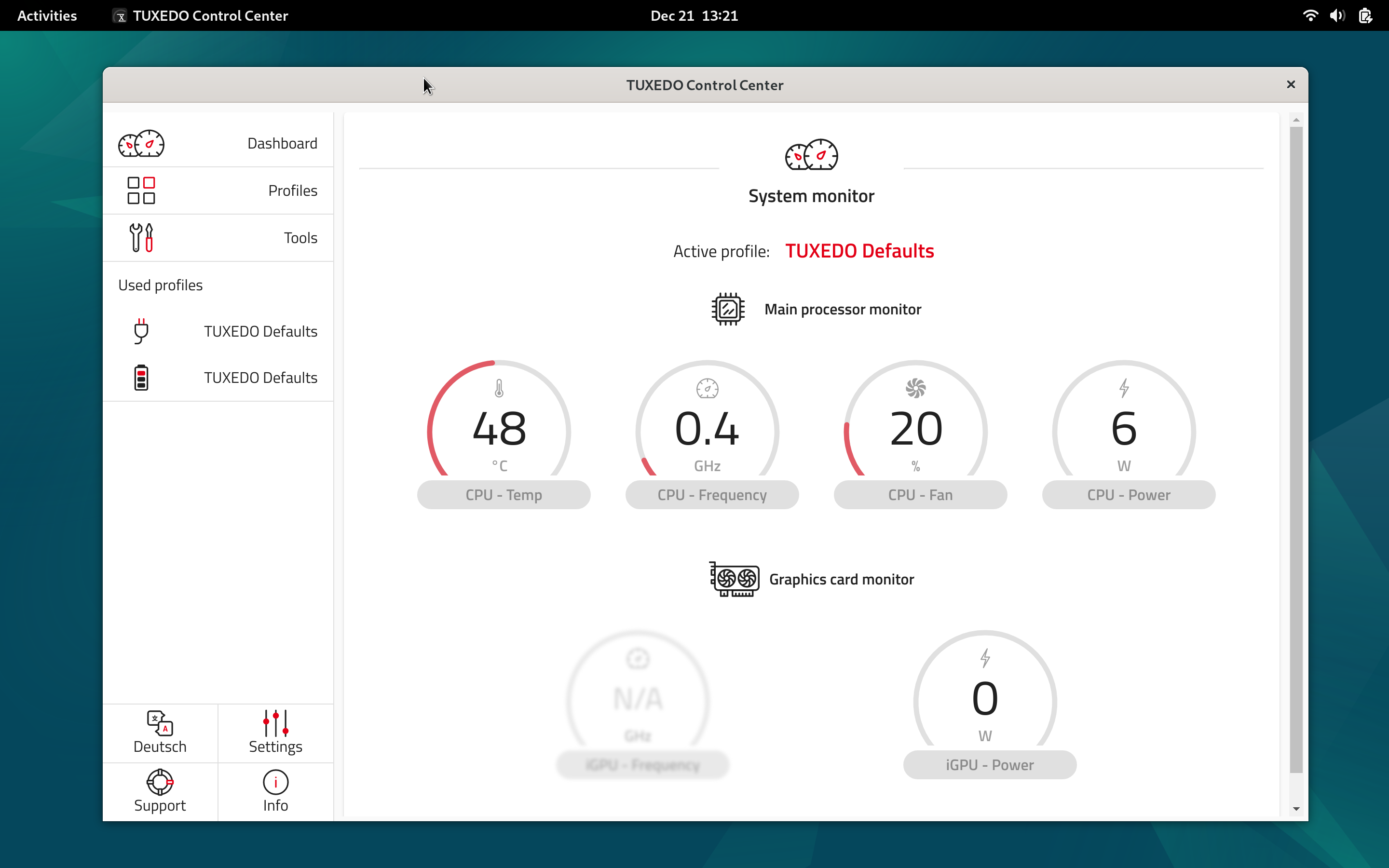 After installing the packages under Debian, you can use the TUXEDO Control Center without rebooting. This applies to fixed installations as well as to the Debian Live DVD.