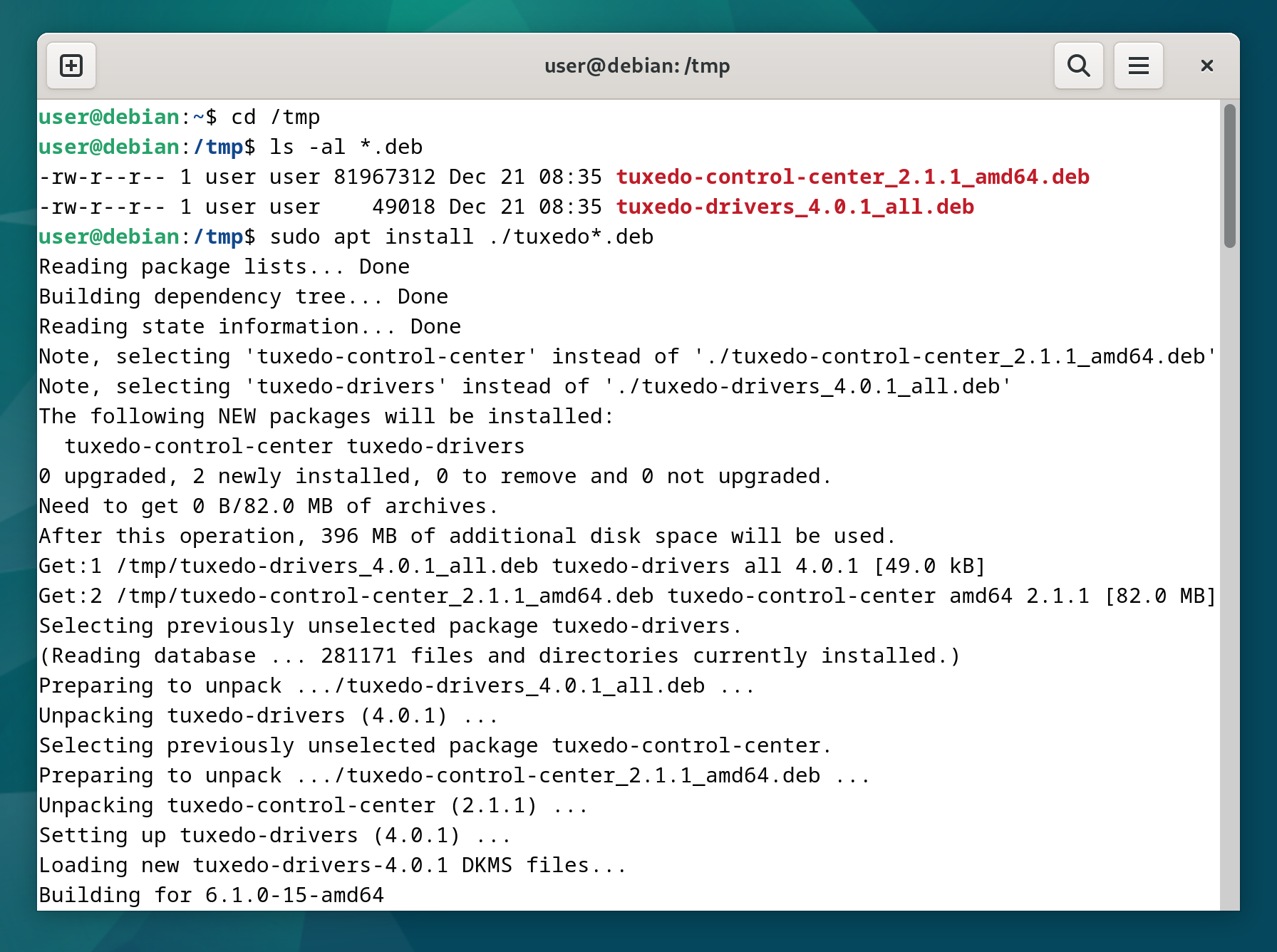 Alternatively, use the command line to execute the DEB packages of the TUXEDO Control Center and the TUXEDO drivers in one go.