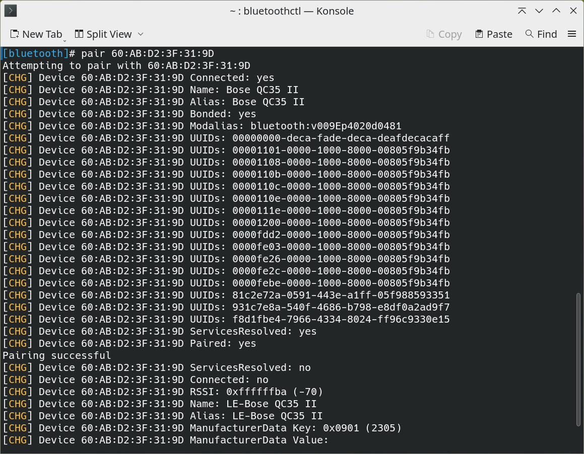 Successful pairing: The many outputs in the terminal help you to analyze connection problems
