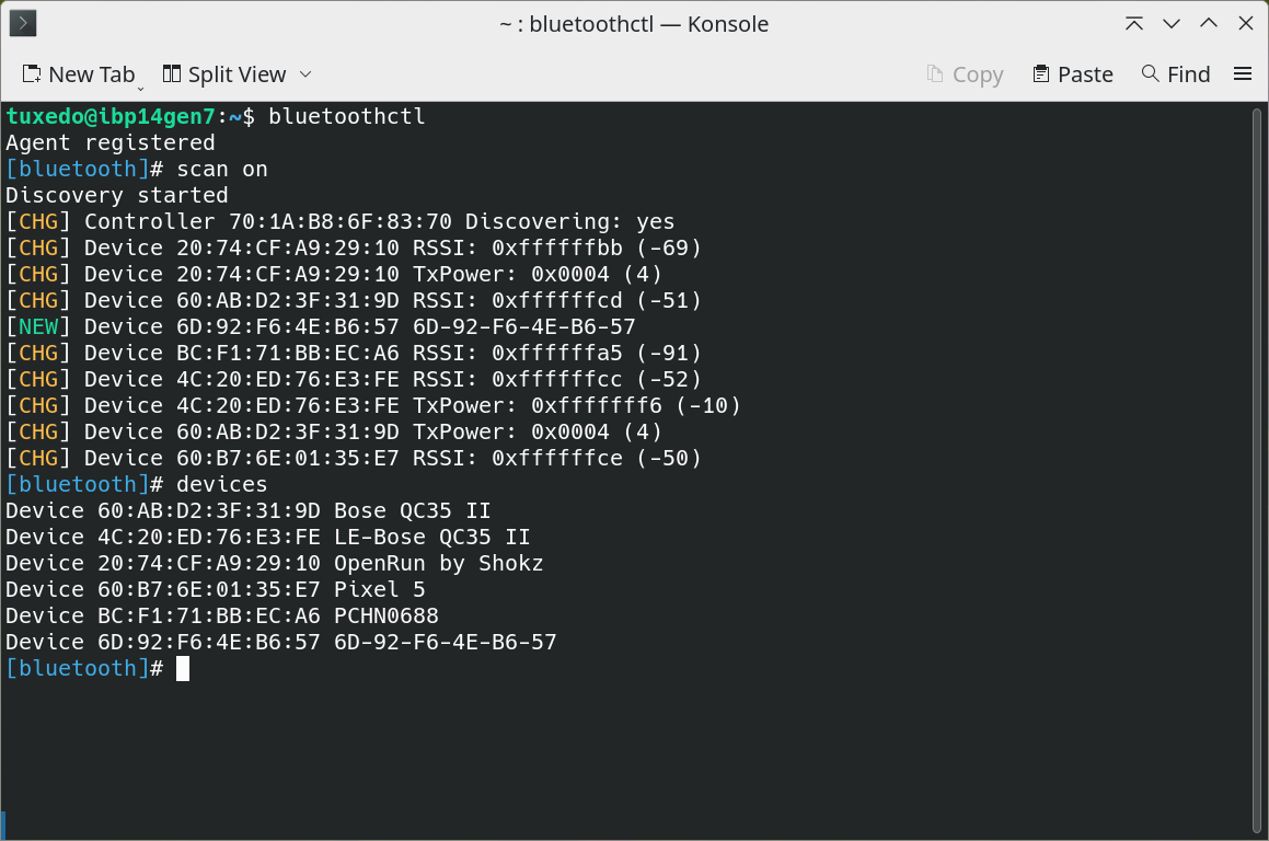 Alternatively use the Bluetooth prompt to connect to Bluetooth devices via the terminal