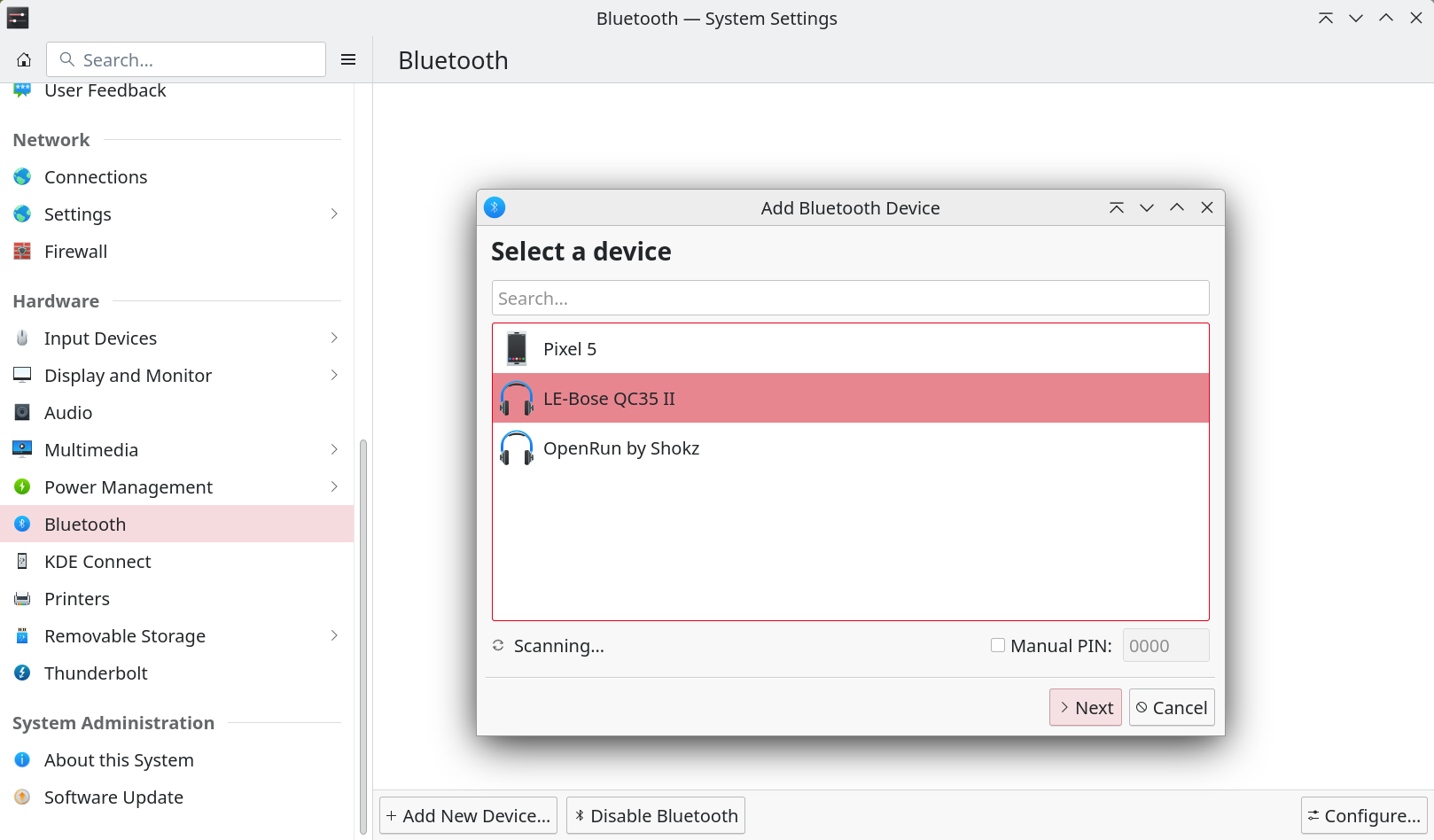 Detected devices in the Bluetooth module of the system settings.