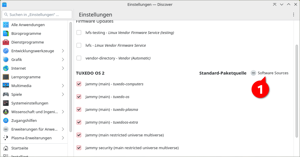 Aus der Discover Programmverwaltung heraus öffnen Sie die Verwaltung der Paketquellen.