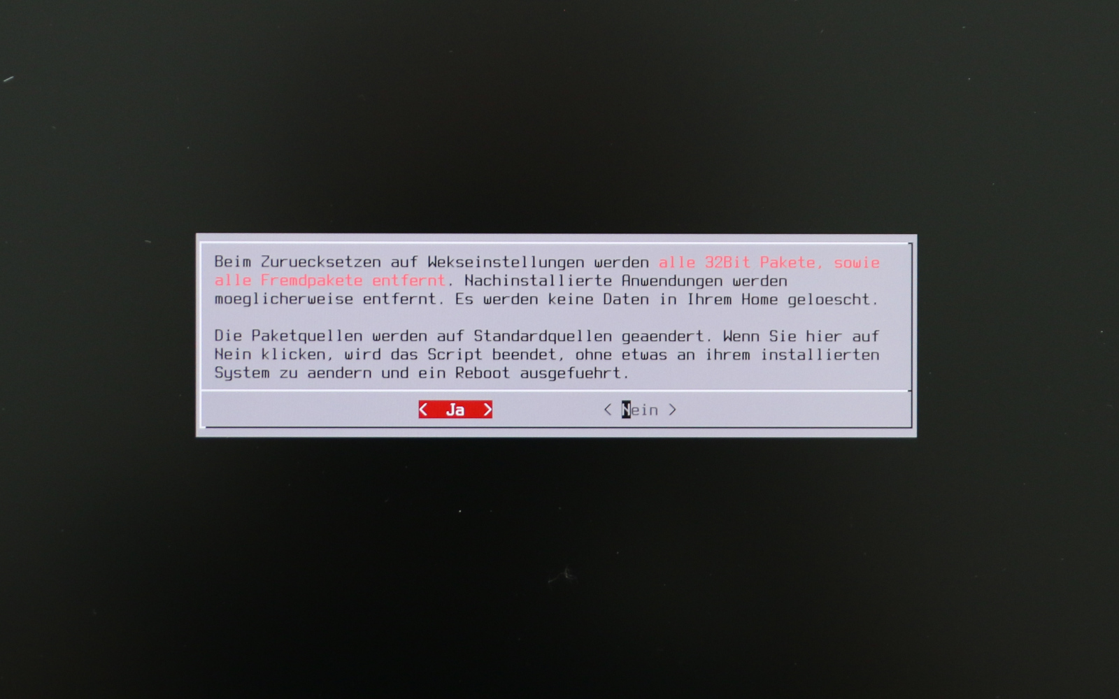 Das Automatic System Repair, wie hier beim Zurücksetzen auf Werkseinstellungen, erhält stets all Ihre Daten und persönlichen Einstellungen im Home-Verzeichnis.