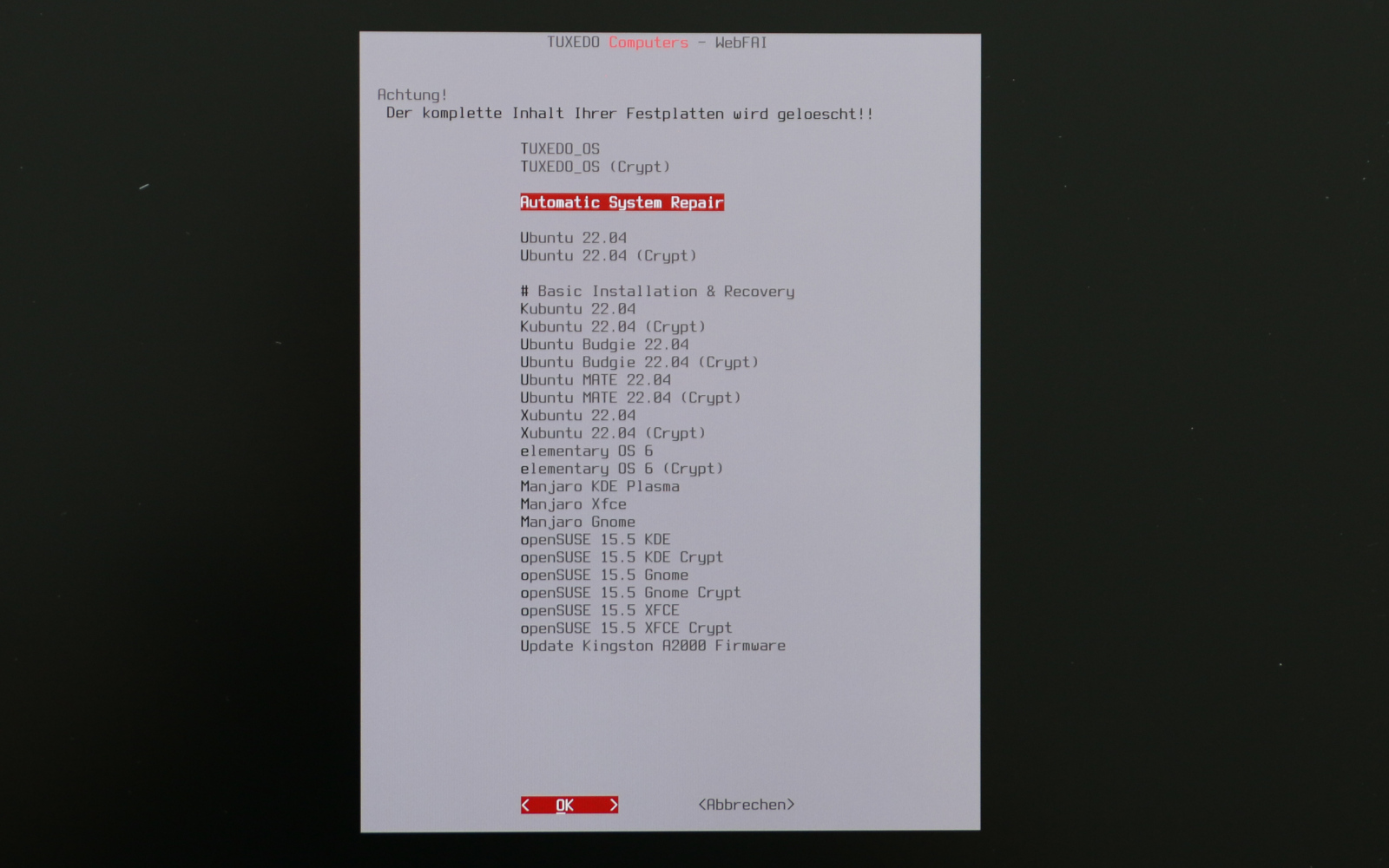 Neben der Installation von TUXEDO OS und anderen Linux-Distributionen starten Sie aus der WebFAI heraus die Reparaturfunktionen.