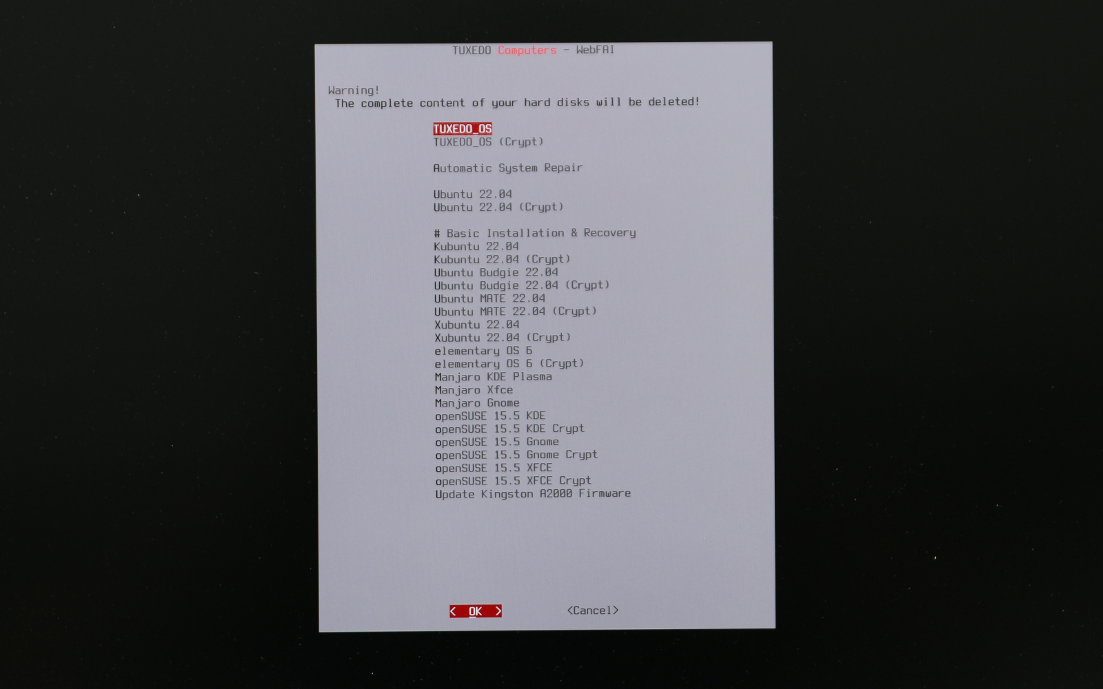 Besides the installation of TUXEDO OS and other Linux distributions start the repair functions from the WebFAI