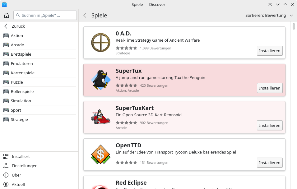 In der Discover-Paketverwaltung finden Sie zahlreiche Open-Source-Spiele wie etwa SuperTux.