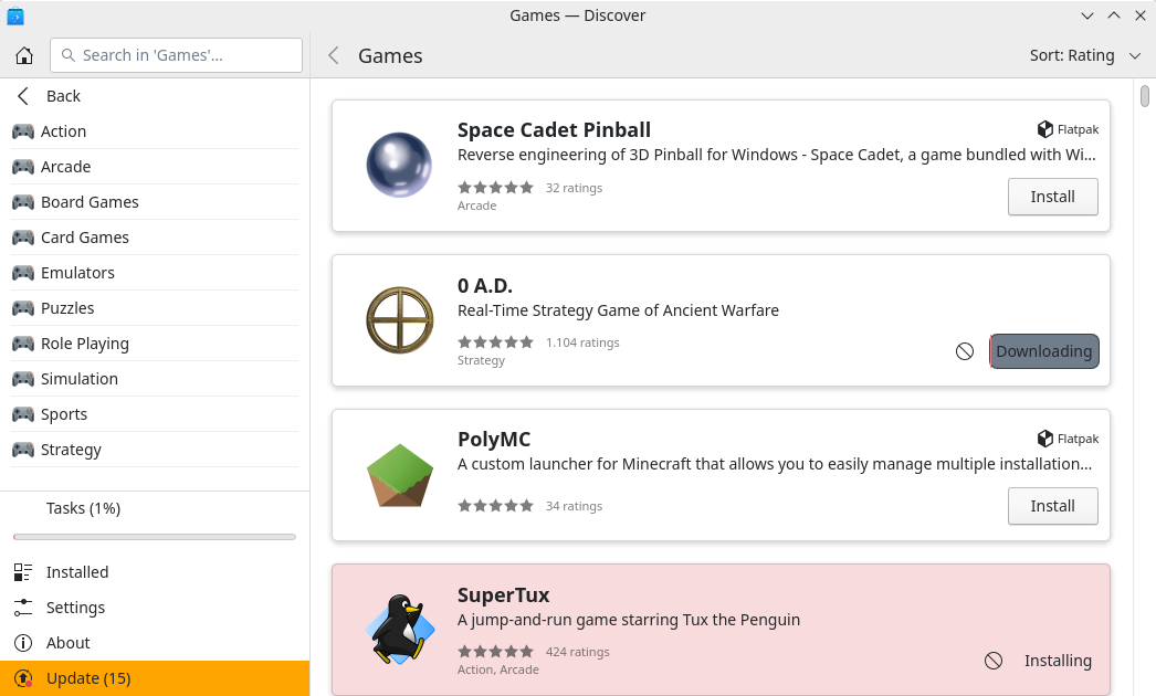 In the Discover package management you will find numerous open source games such as SuperTux.