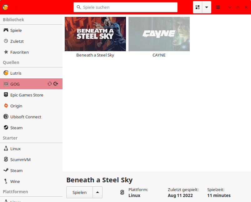 Lutris integriert Game-Shops wie etwa GoG und selbst installierte Spiele.
