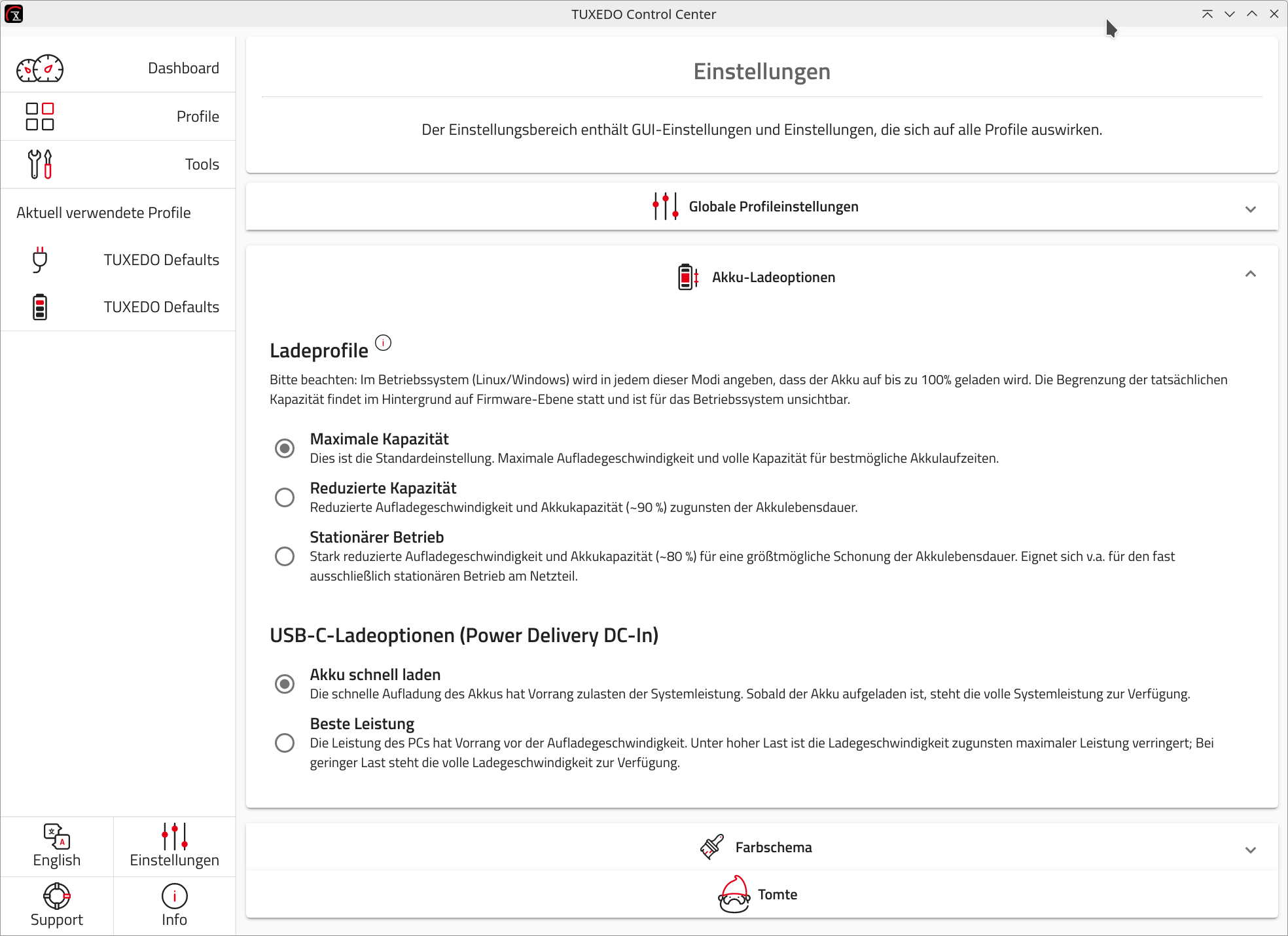 Das TUXEDO Control Center erlaubt inzwischen die Konfiguration des Ladeverhaltens.