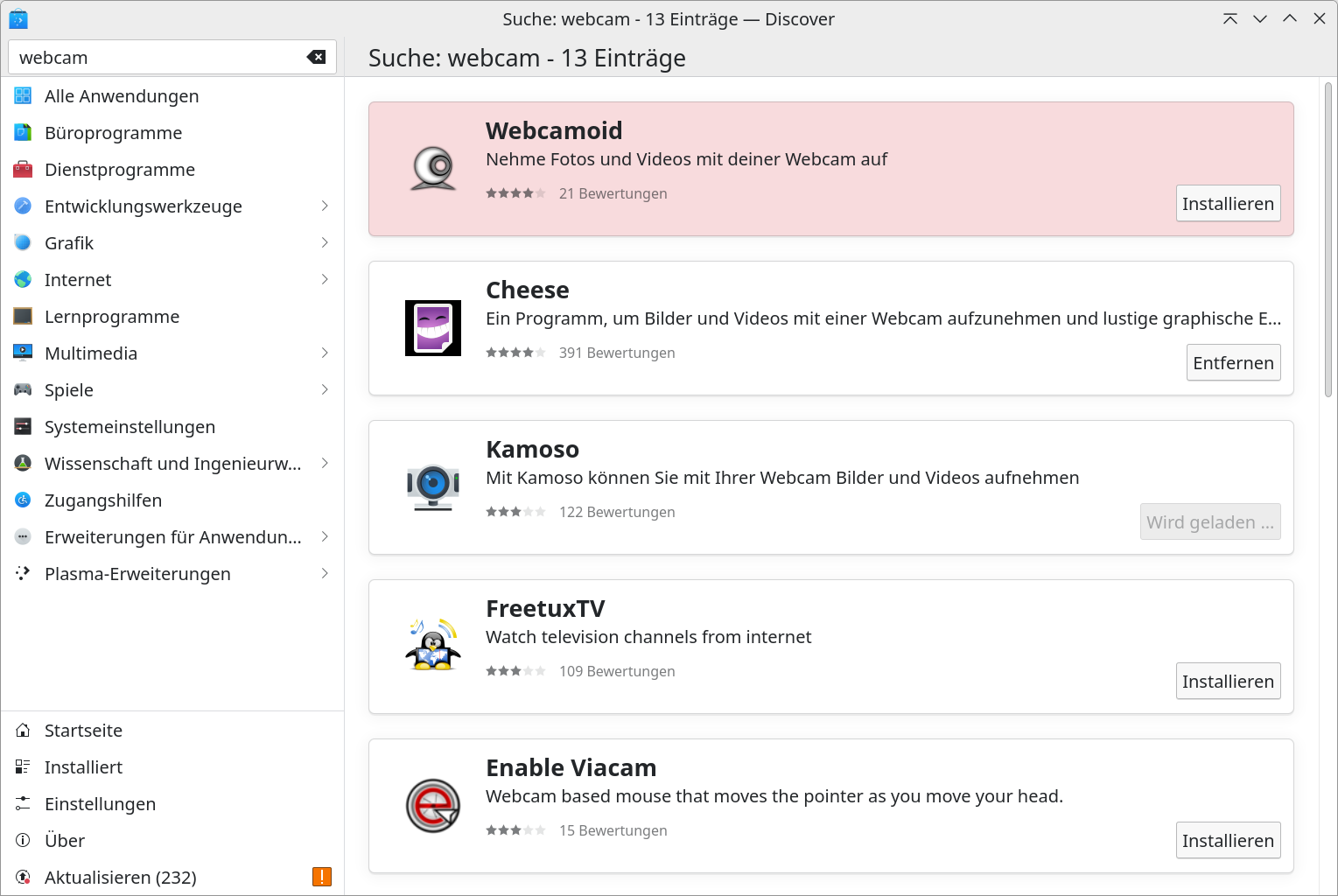 Über die Discover-Paketverwaltung installieren Sie eine Reihe von Webcam-Programmen wie Cheese oder Kamoso.