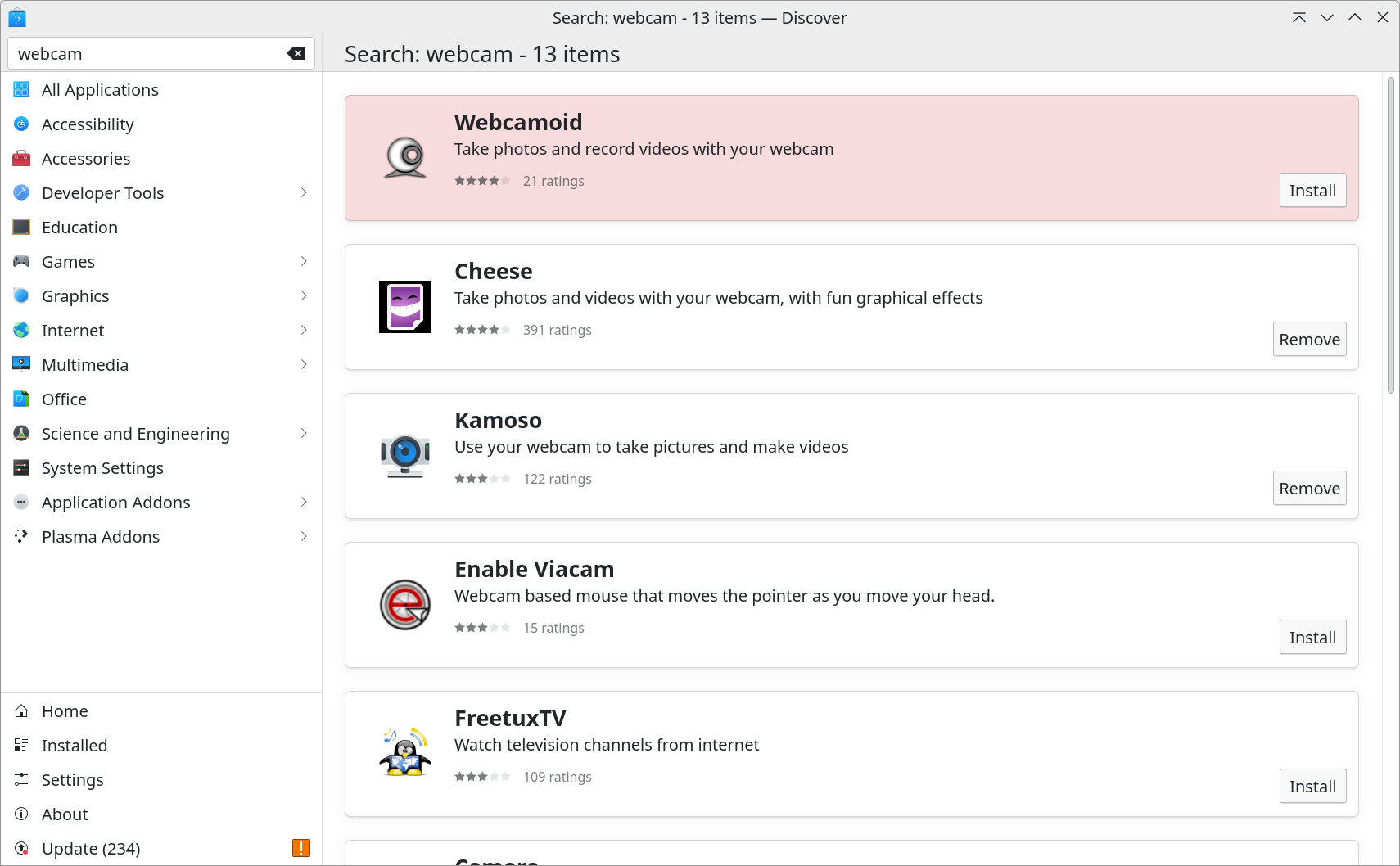 Via the Discover package management, you install a number of webcam programmes such as Cheese or Kamoso.