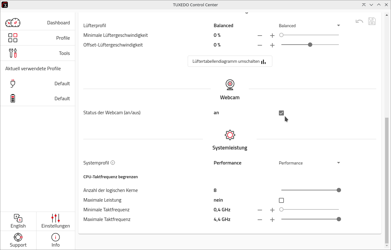 Um die Laufzeit Ihres TUXEDO-Notebooks zu optimieren, können Sie die Webcam im TUXEDO Control Center deaktivieren.
