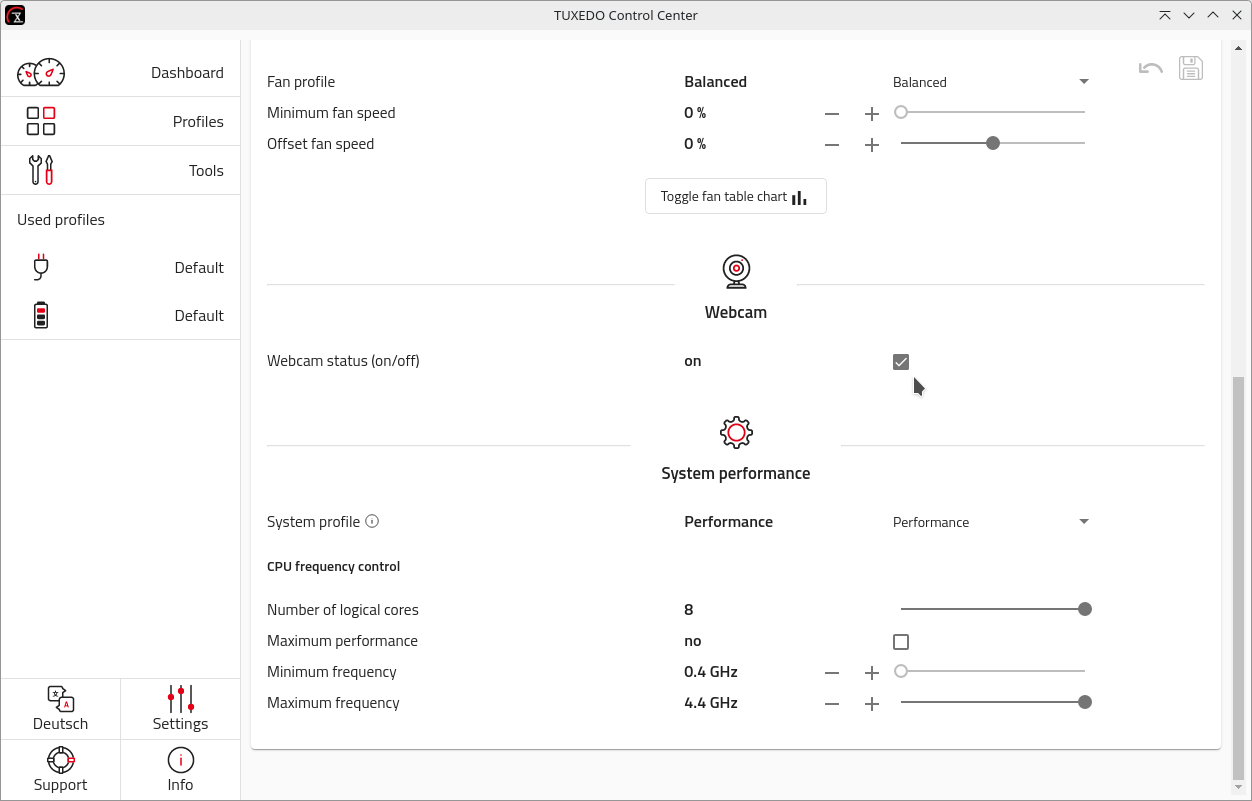 To optimise the battery runtime of your TUXEDO notebook, you can deactivate the webcam in the TUXEDO Control Center.