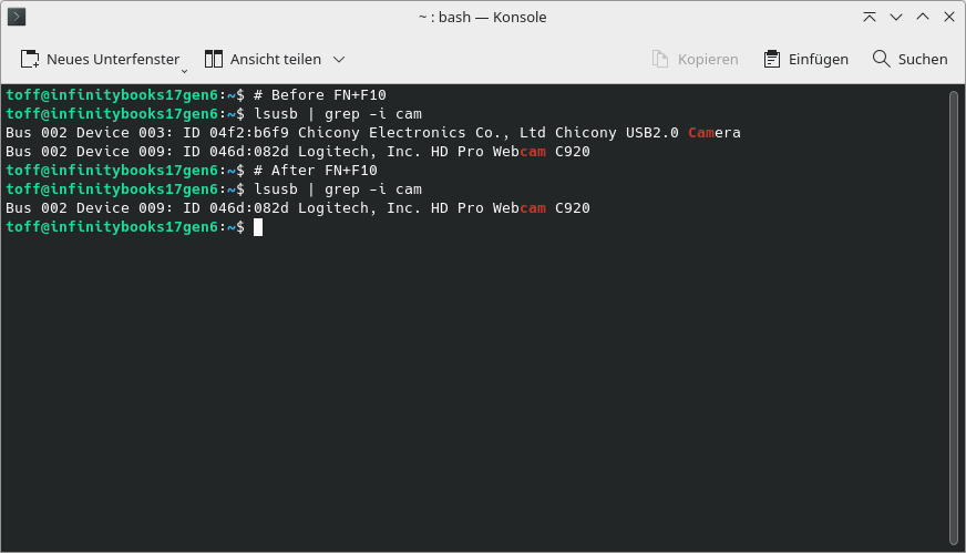 Nach dem Deaktivieren der Webcam-Hardware über <kbd>FN</kbd>+<kbd>F10</kbd> sieht das TUXEDO OS-System die interne Kamera (von Chicony Electronics) nicht mehr.