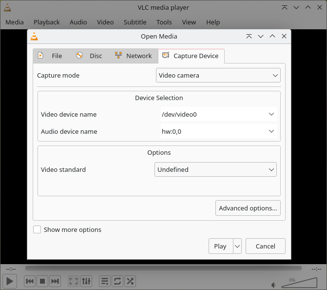 Select <kbd>/dev/video0</kbd> and <kbd>hw:0,0</kbd> as the recording device in the settings of VLC.