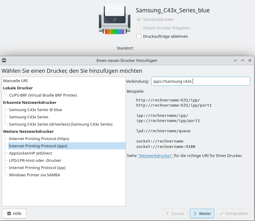 Drucker einrichten in den Systemeinstellungen von KDE Plasma.
