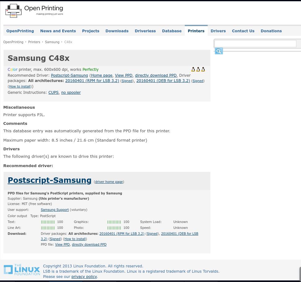 Openprinting lists printers and their compatibility to Linux