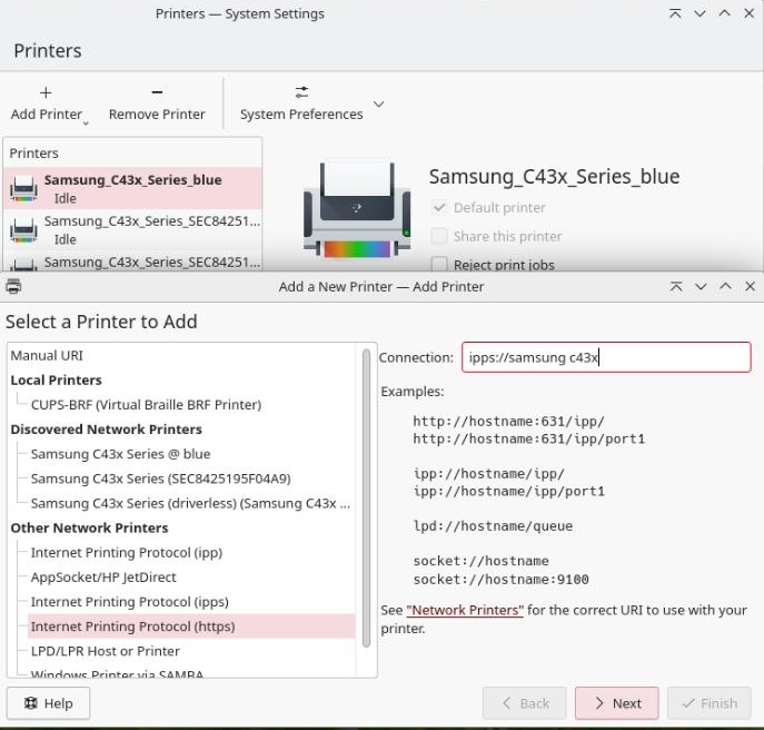 Set up a printer in the system settings of KDE Plasma.