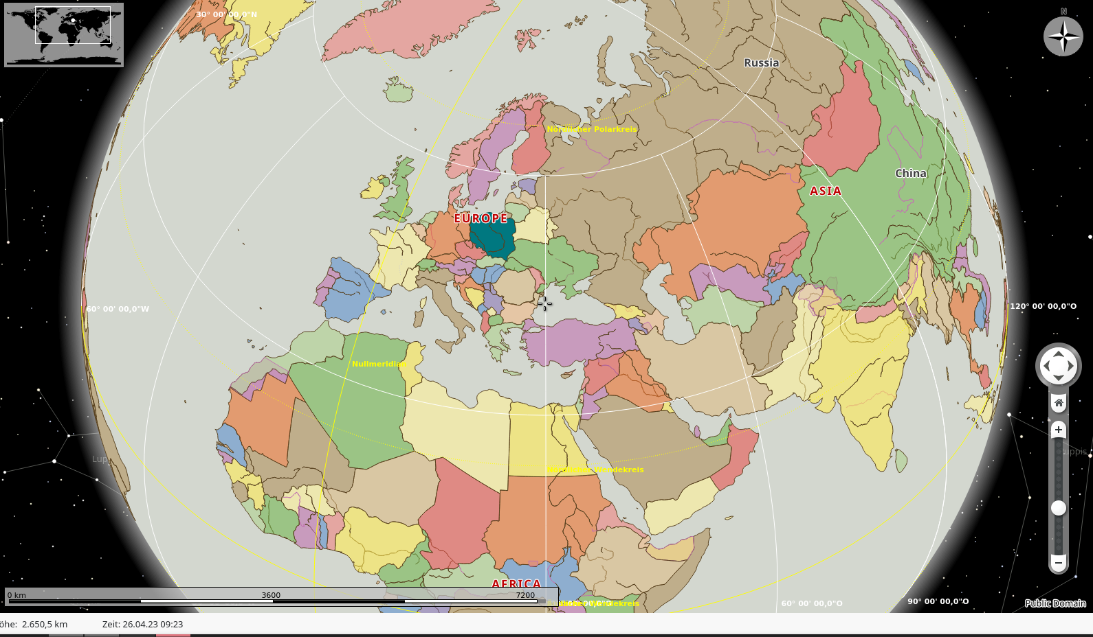 Marble bietet verschiedene Ansichten des Globus, hier eine politische Karte