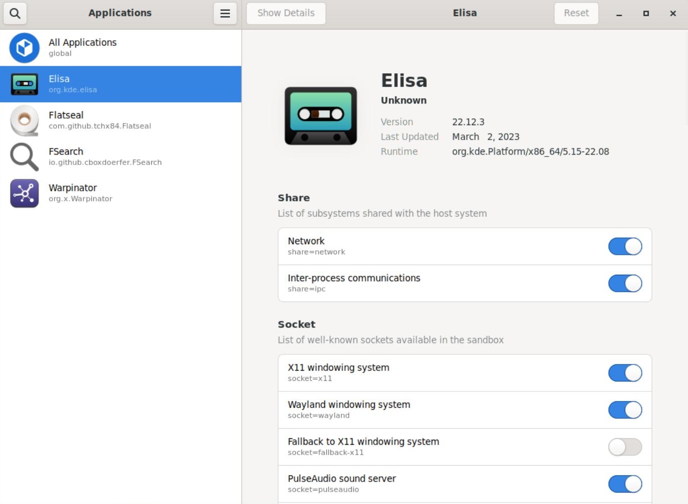 Flatseal is an external app to edit permissions of Flatpaks.