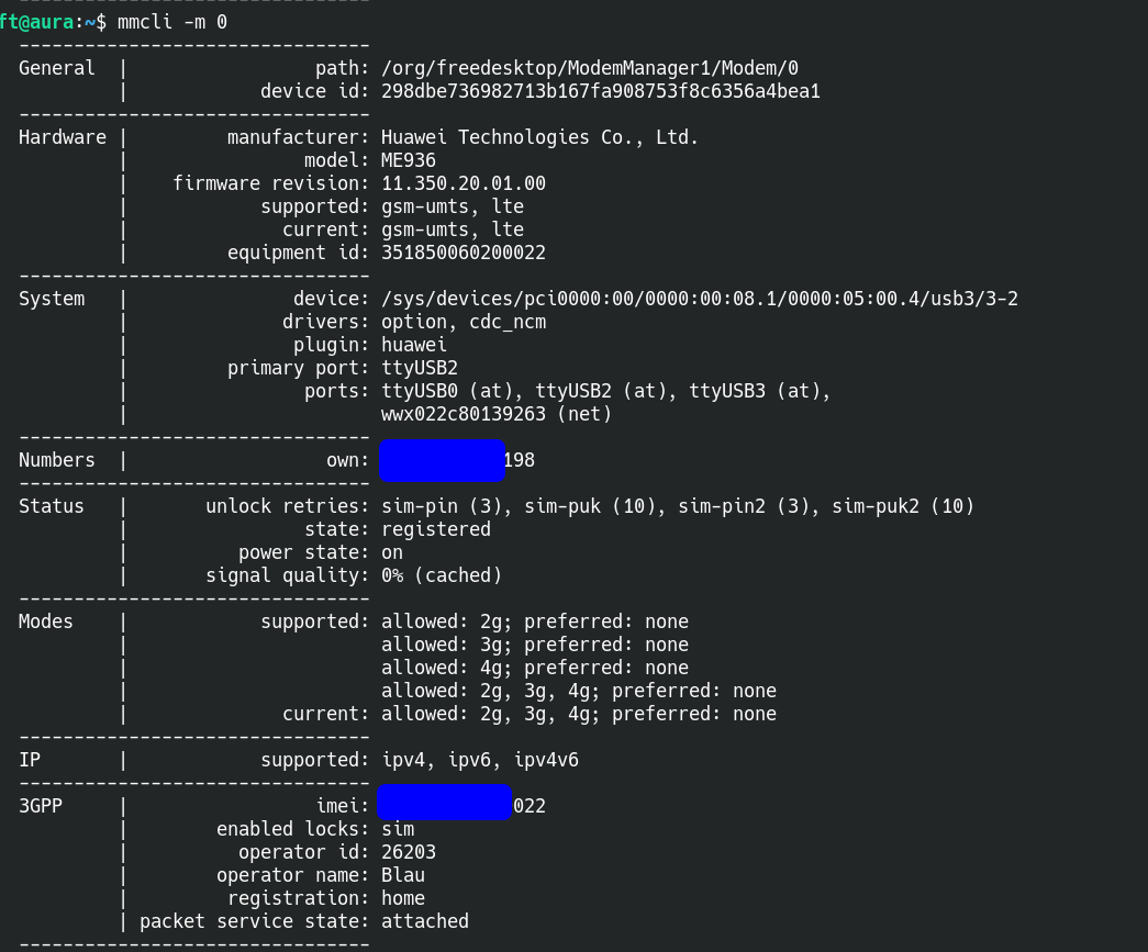 Im Terminal können Sie prüfen, ob das System das LTE-Modul korrekt erkannt hat.