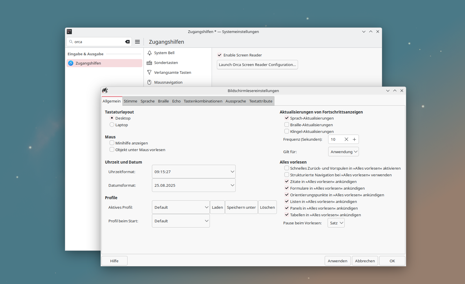 Orca bietet nach der Aktivierung eine umfassende Konfiguration der einzelnem Module
