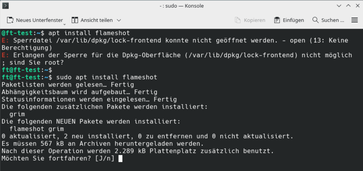 Fehlendes sudo führt zur Fehlermeldung