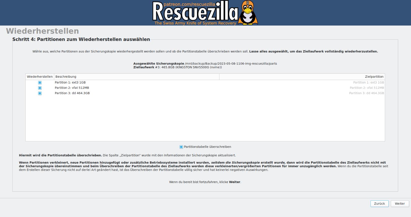 Alle Partitionen müssen blau hinterlegt sein