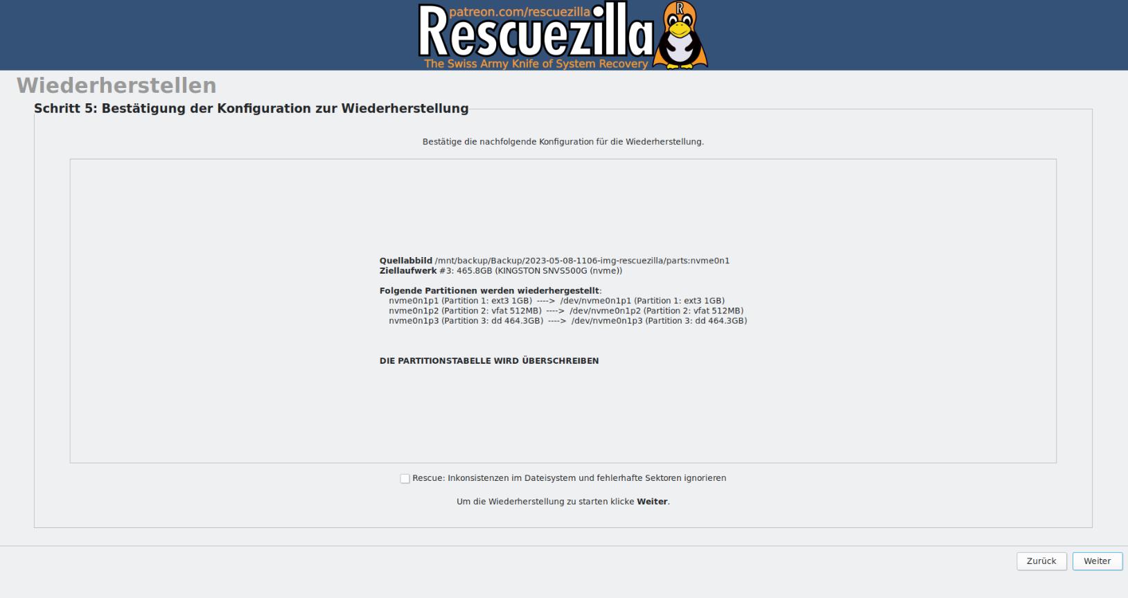 Bestätigung der Konfiguration