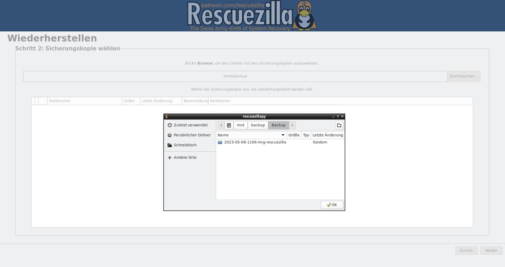 Auswahl der Sicherungskopie