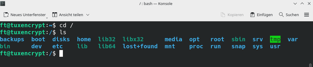 cd / bringt Sie ins Root-Verzeichnis. Mit ls sehen Sie die zu Root gehörigen Verzeichnisse