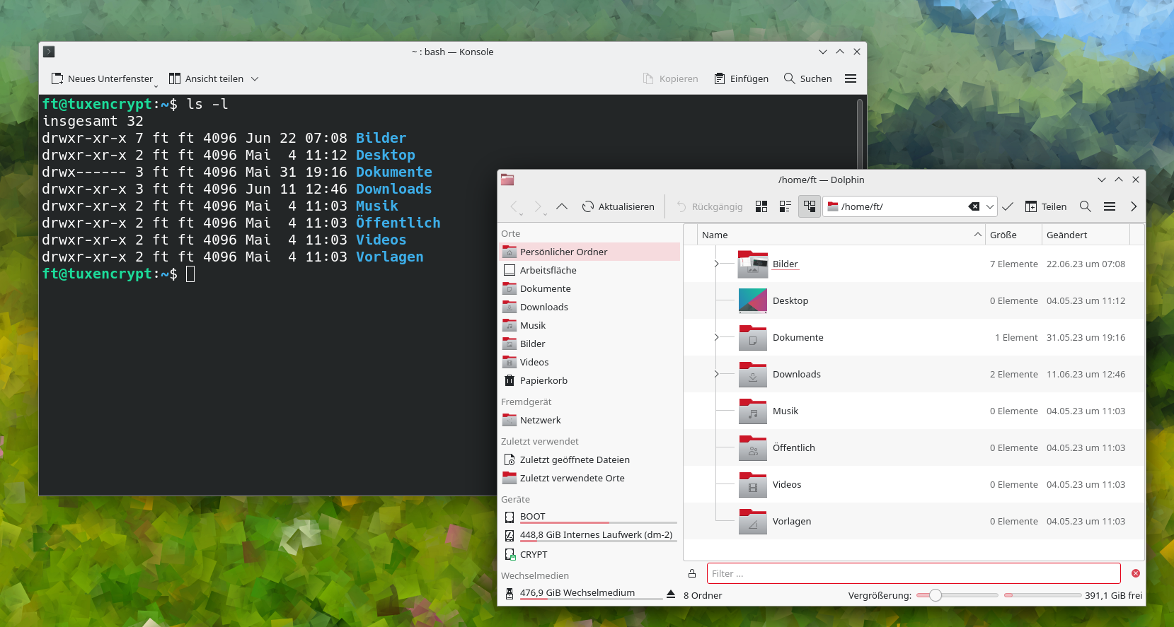 Ordneransicht im Dateimanager und in der Konsole