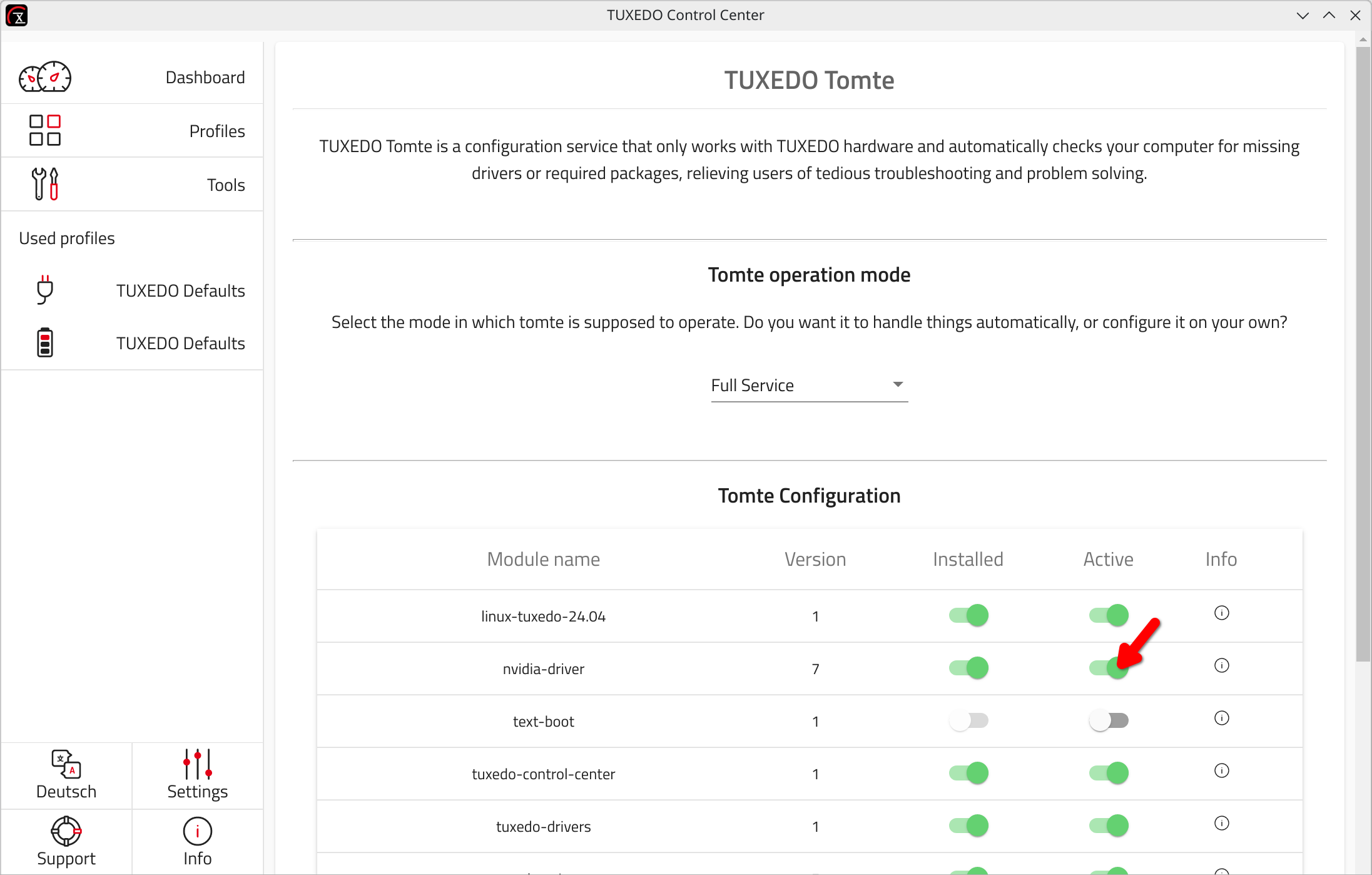 Disable the Tomte module for the NVIDIA driver via the TUXEDO Control Center.