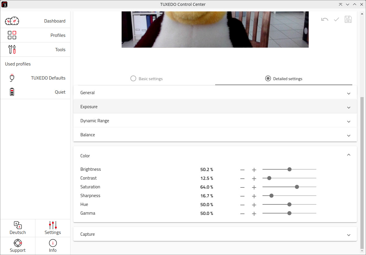 TUXEDO Control Center - Webcam settings